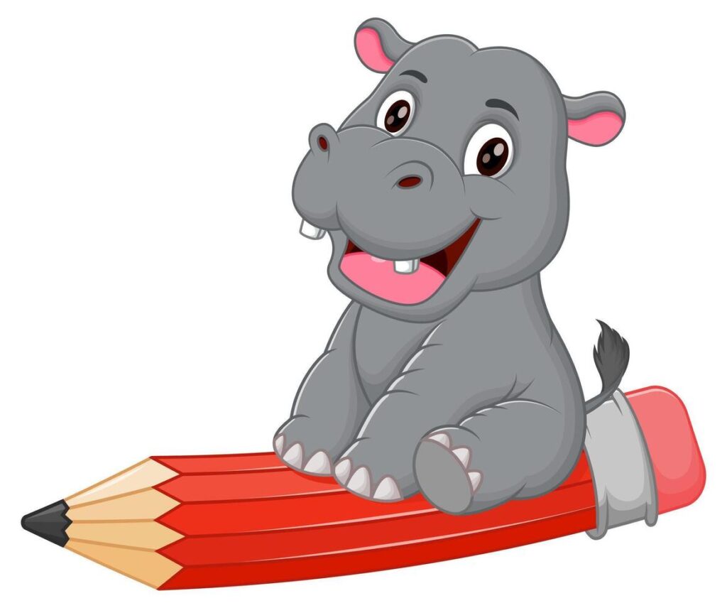 Cute Hippopotamus Cartoon Riding a Flying Pencil Vector Illustration. Animal Education Icon Concept Stock Free