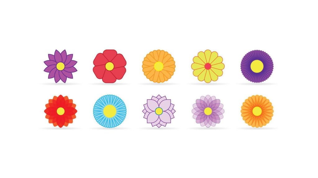 cute icon set beautiful flower with yellow,purple red orange blue color isolated on white background Stock Free