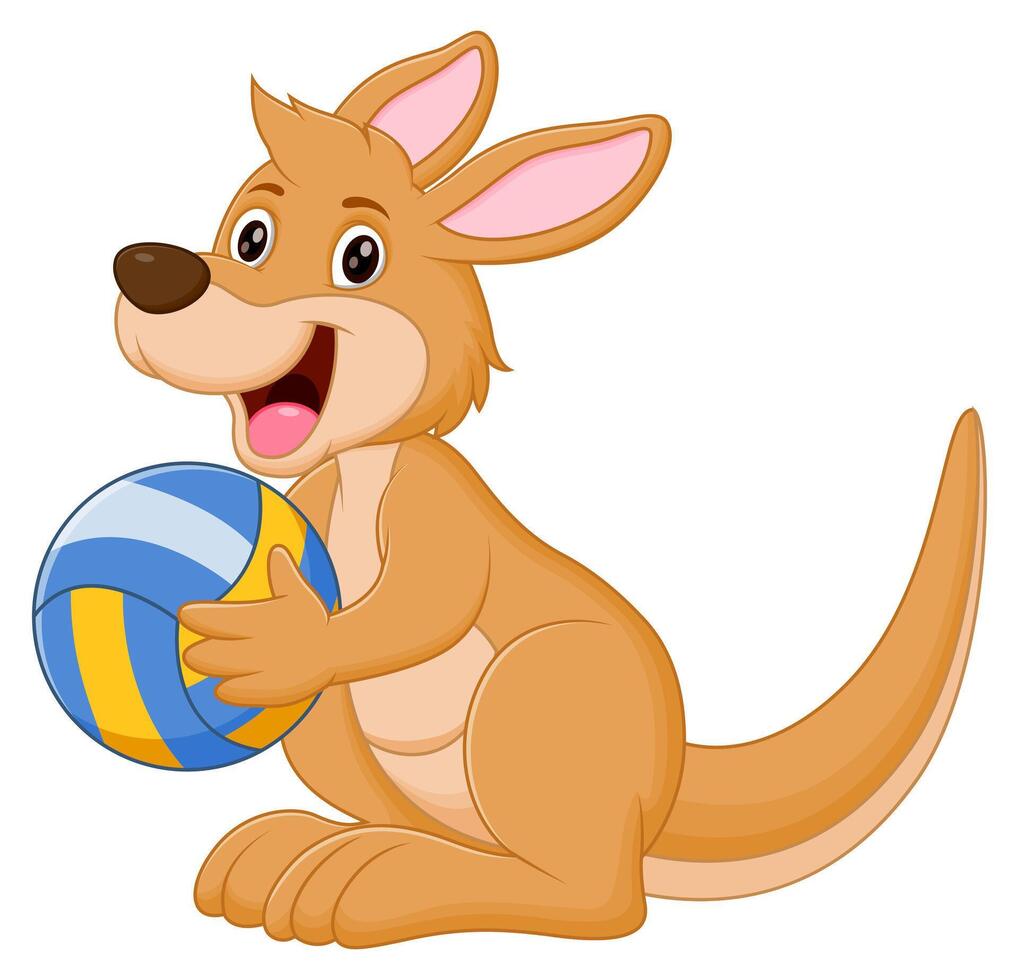 Cute Kangaroo Cartoon Holding Volleyball Vector Illustration. Animal Nature Icon Concept Isolated Premium Vector Stock Free