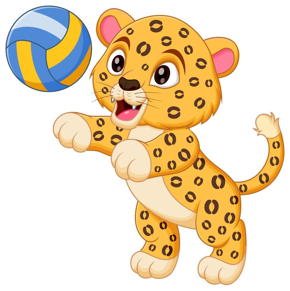 Cute Leopard Cartoon Playing Volleyball Vector Illustration. Animal Nature Icon Concept Isolated Premium Vector Stock Free