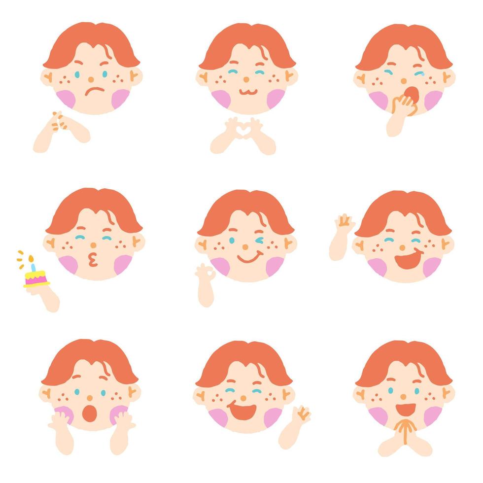 Cute Red Hair Blue Eye Boy Kids Children Different Expression Emotions Emotional Emoticon Hand Doodle Character Feelings Faces Collection Set Icon Vector illustration Stock Free