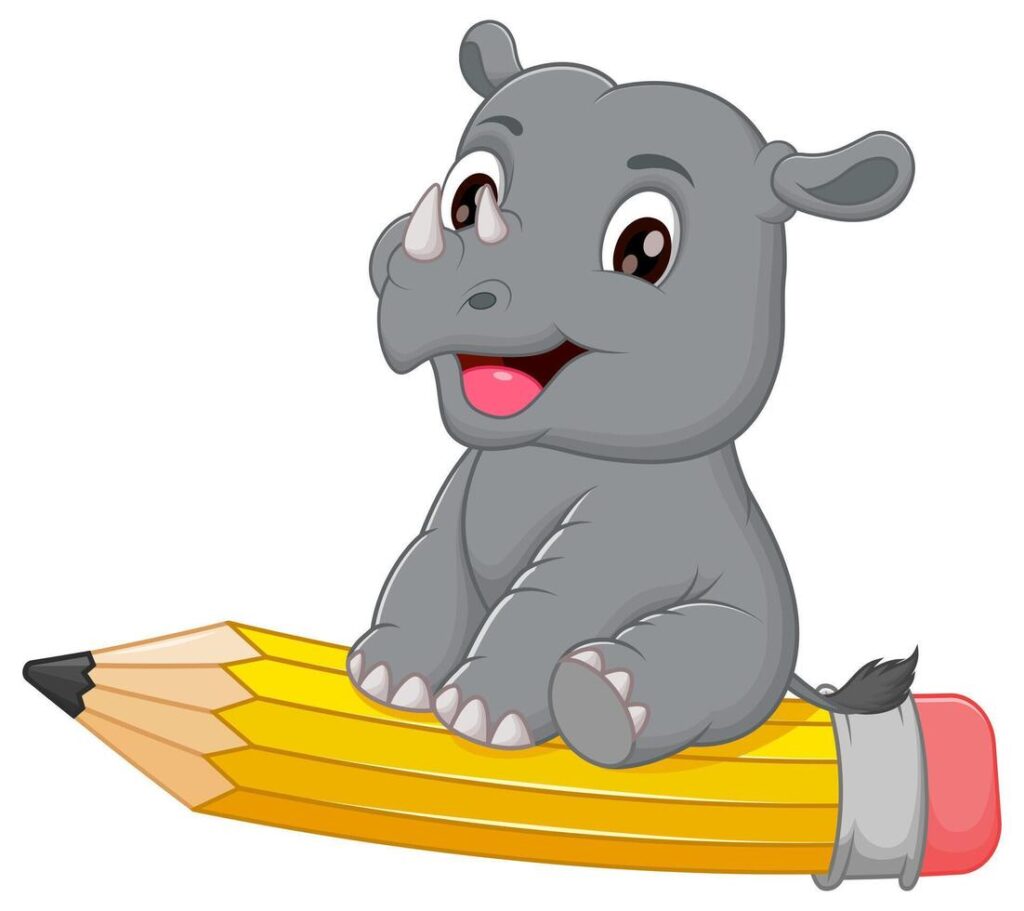 Cute Rhinoceros Cartoon Riding a Flying Pencil Vector Illustration. Animal Education Icon Concept Stock Free