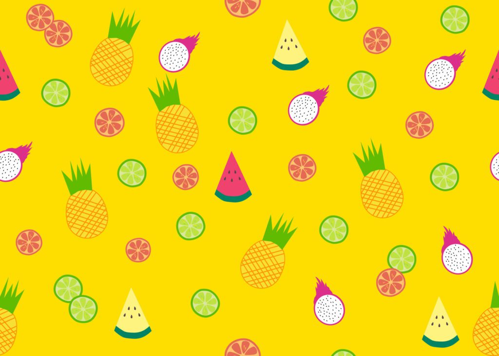 Cute seamless pattern of tropical fruit isolated on yellow background. They are various colorful fruits. Graphic design for decorating, wallpaper, fabric and etc. Free Vector and Free SVG