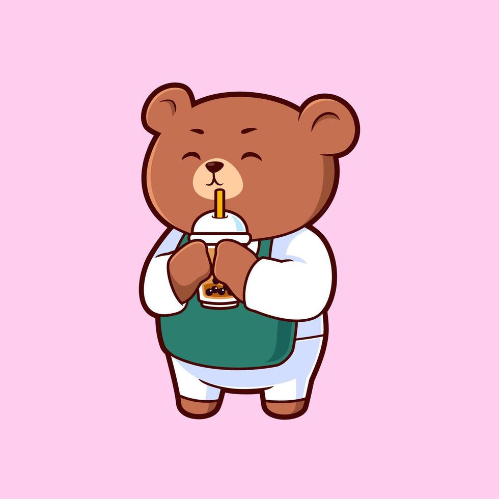 Cute Teddy Bear Cartoon Drinking Boba Milk Tea Vector Icon Illustration. Flat Cartoon Style Vector Mascot. Stock Free