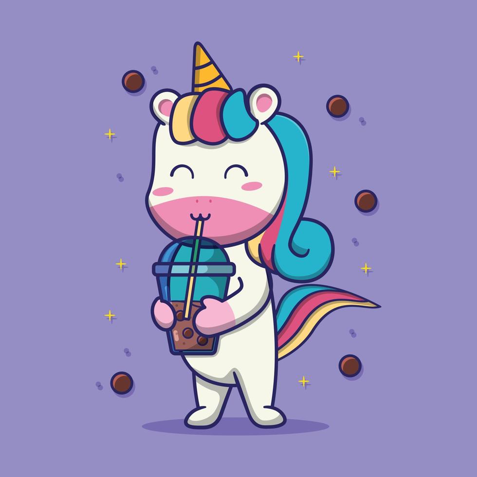 cute unicorn Holding Boba Milk Tea Cartoon Vector Icon Illustration. suitable for children’s books, birthday cards, valentine’s day, stickers, book covers, greeting cards, printing. Stock Free