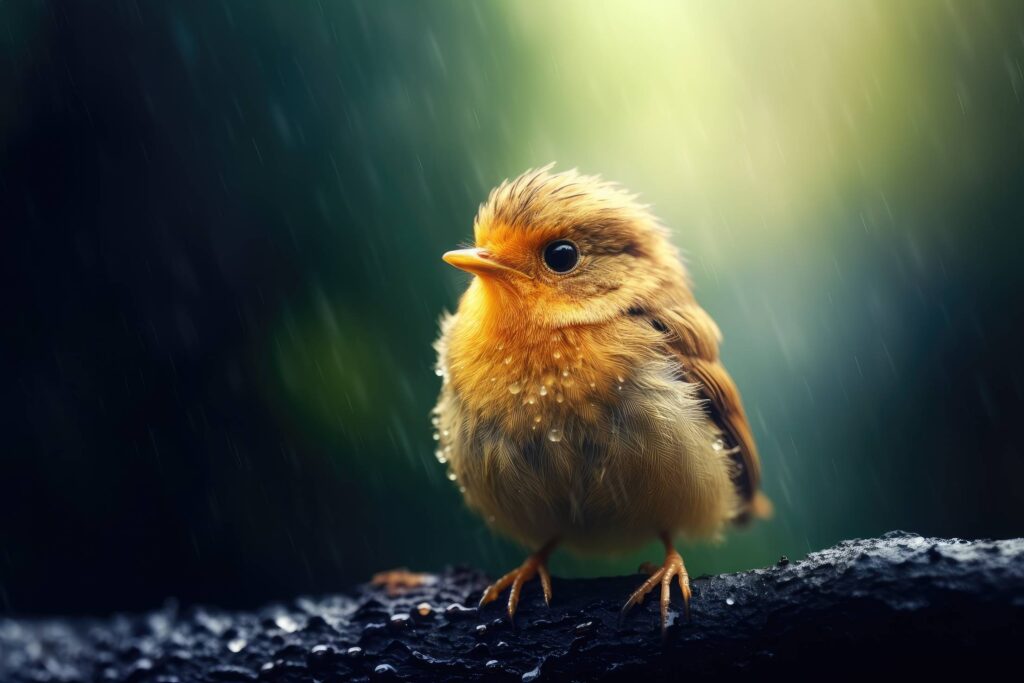 Cute Yellow Bird Close Up in Rainy Weather Stock Free