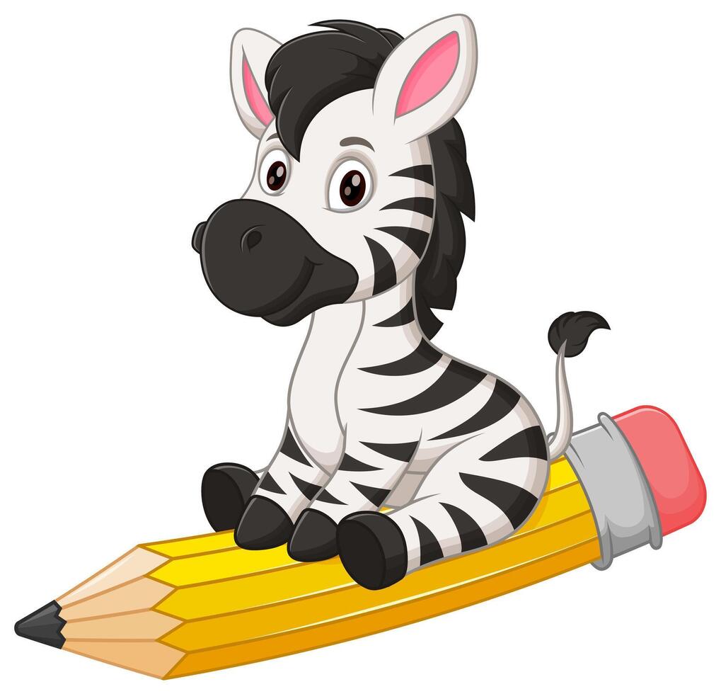 Cute Zebra Cartoon Riding a Flying Pencil Vector Illustration. Animal Education Icon Concept Stock Free