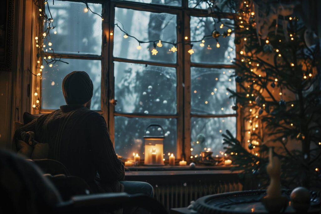 Dad Looking Out The Window During Christmas Sad Dark Stock Free