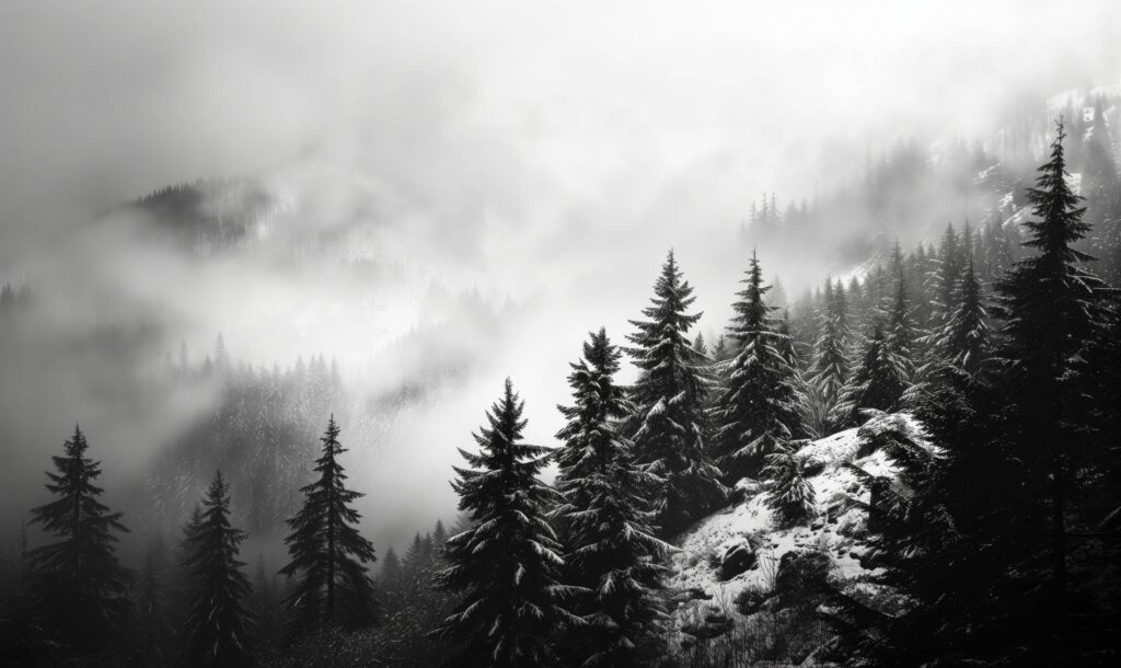 Dark B&W Photo of Trees in Foggy Winter Mountains Stock Free