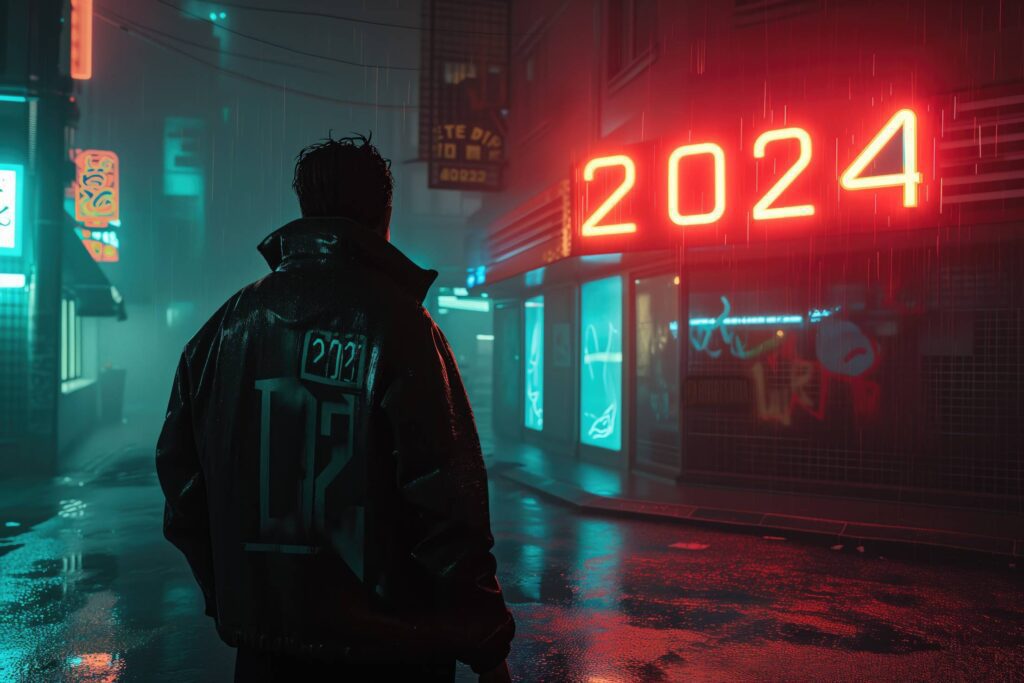 Dark Cyberpunk-themed Man Walking Near 2024 Neon Sign Stock Free