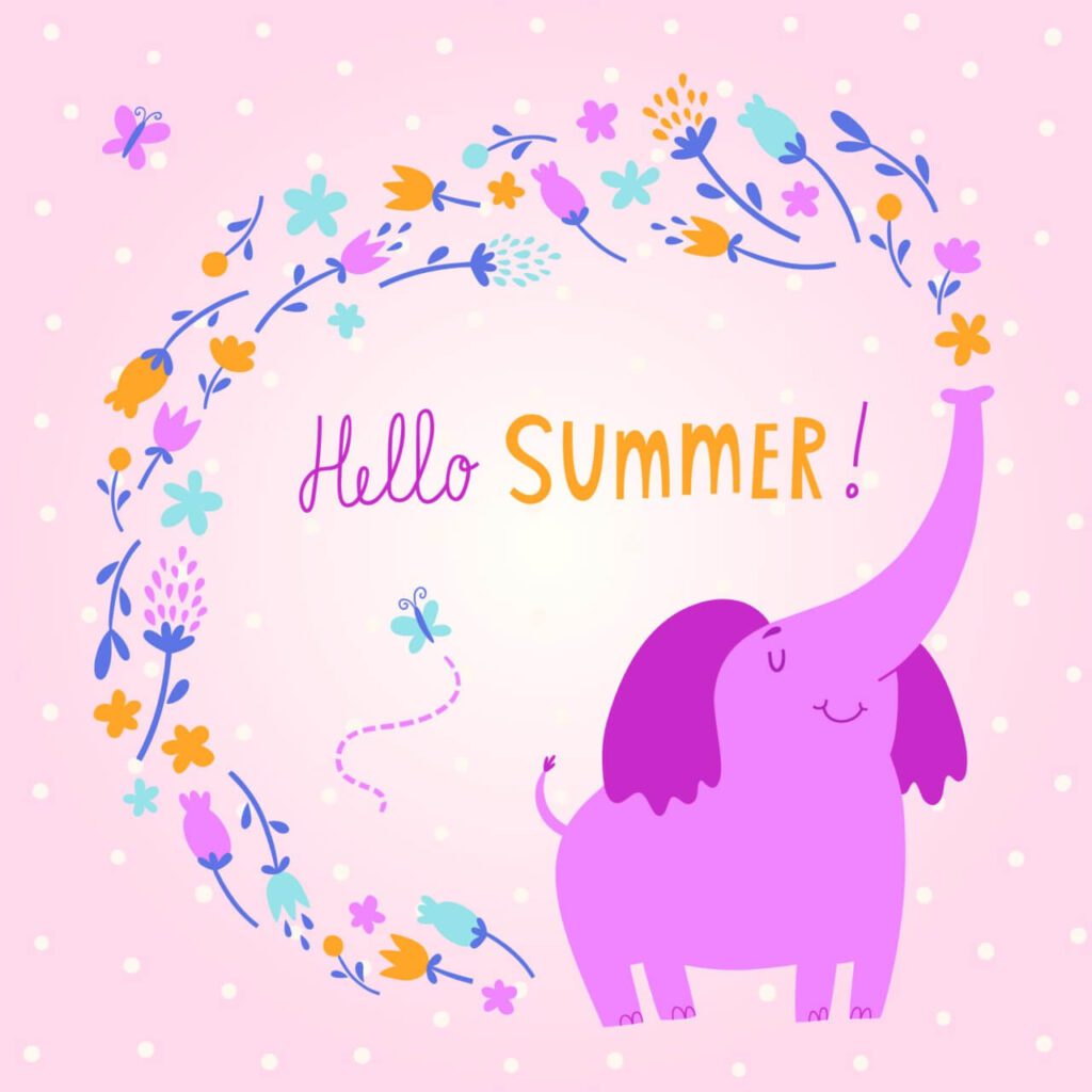 Hello Summer vector card with cute elephant