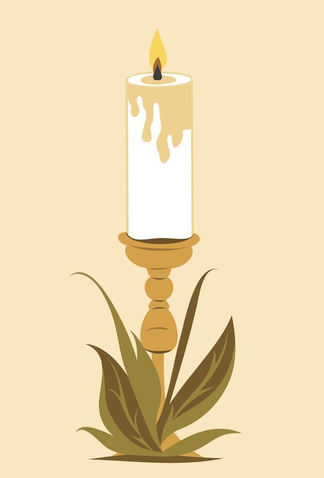 Decorative candle for home. Candle in a candlestick. Candle art surrounded by greenery plant leaves. An old historical candle as a gift. icon logo Stock Free