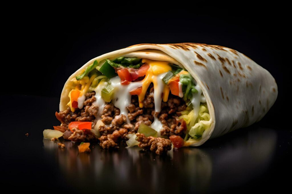 Delicious burrito with meal and vegetables Stock Free