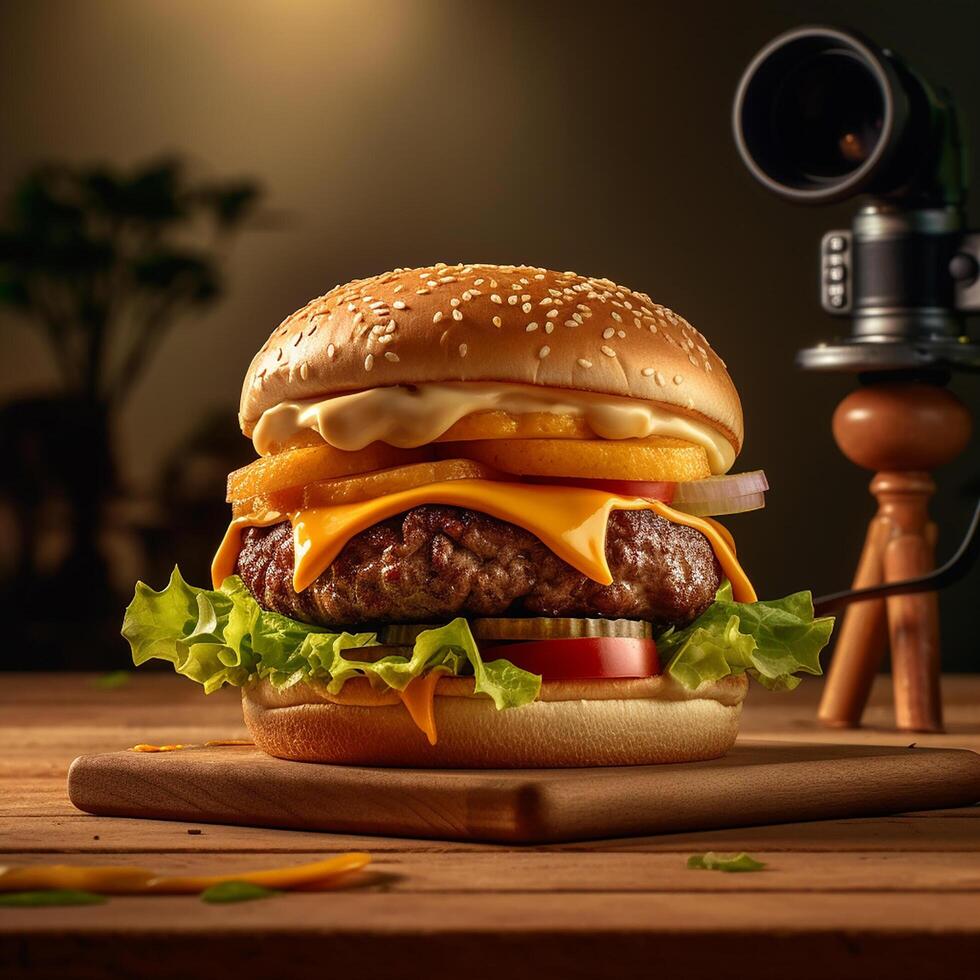 Delicious hamburger with fries and drinks on the table on the cafe background Product photography with nikon. fast food concept. Stock Free