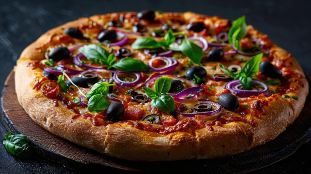 Delicious Homemade Pizza With Red Onion, Olives, and Basil Stock Free