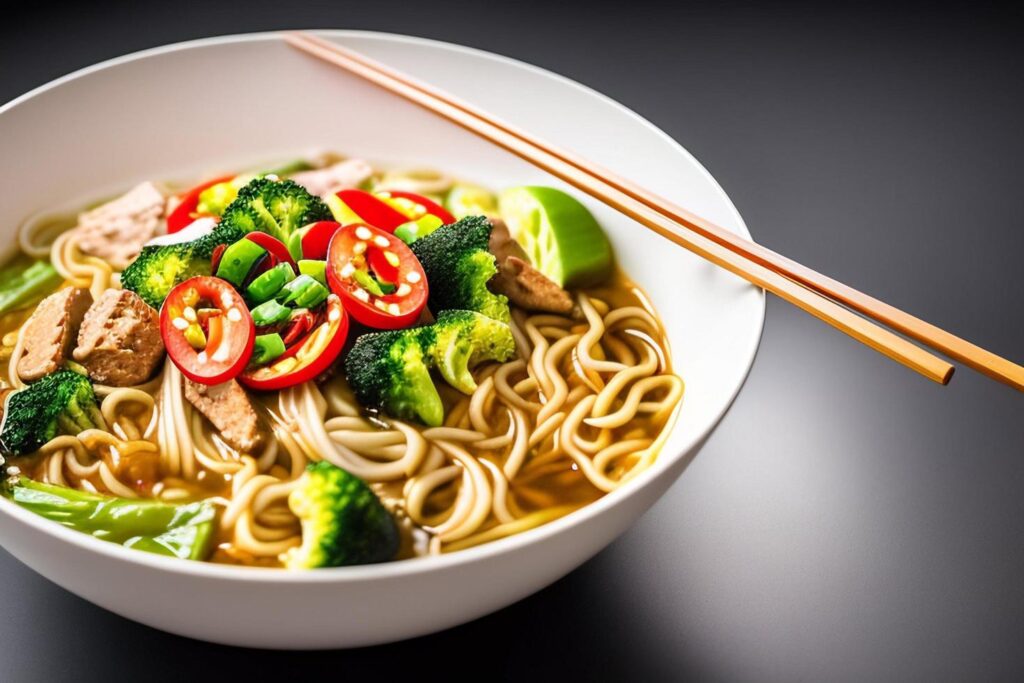 Delicious noodles. Fast food meal with appetizing pasta and chopsticks. Stock Free