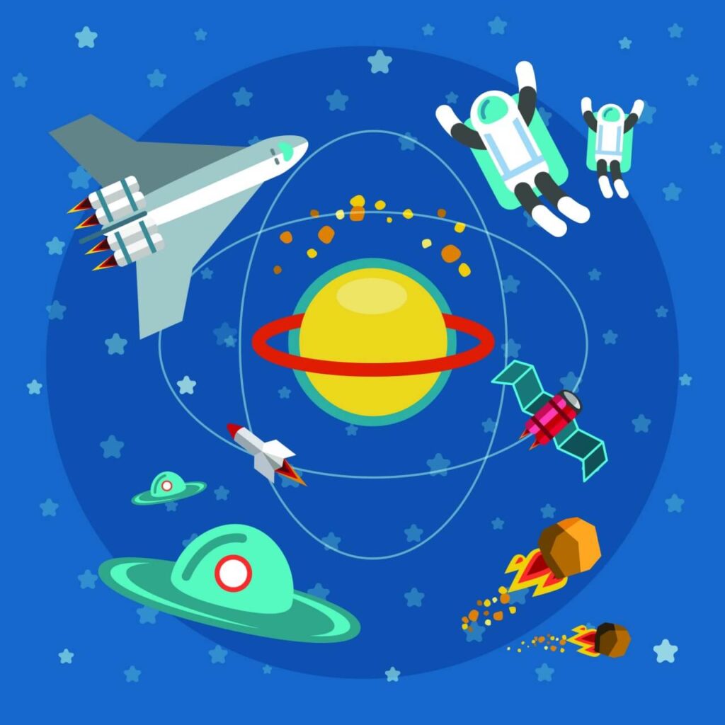 Space world with man and some objects. For free vector design