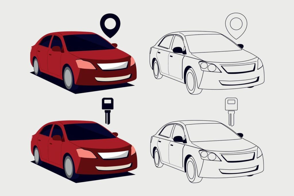 Different types of car icon set. side view of sedan car. location and key icon Stock Free