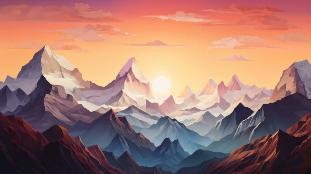 Digital Art Mountain Scenery with Setting Sun Stock Free