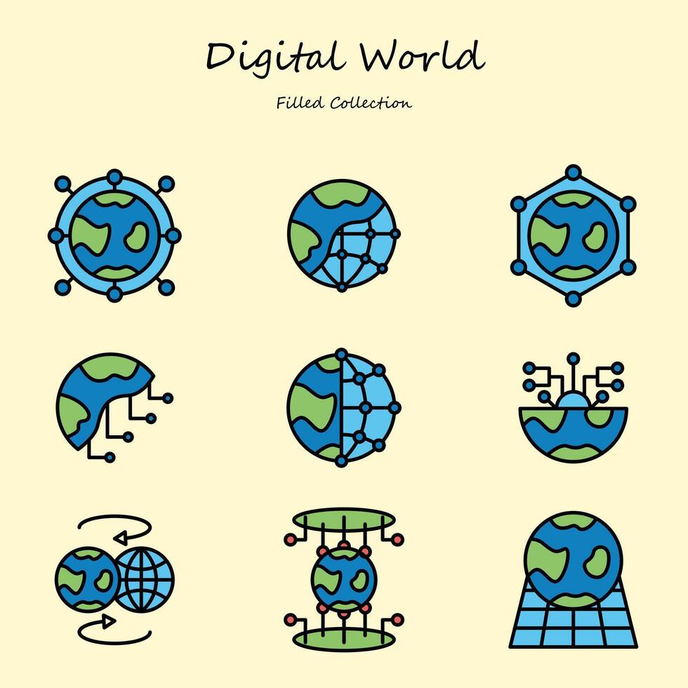 digital world editable icons set filled style Stock Free