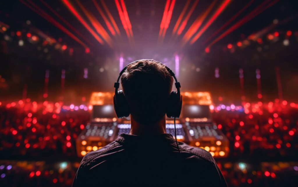 DJ with Headphones from Behind at Electronic Music Festival Stock Free