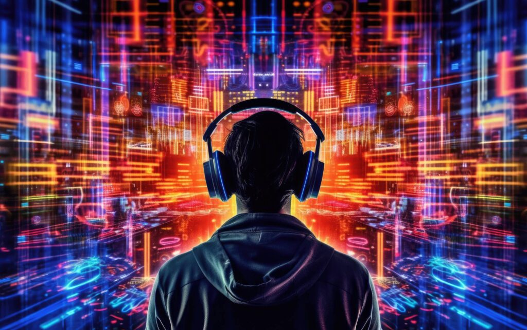 DJ with Headphones in Crazy Chaotic Colorful Digital World Stock Free