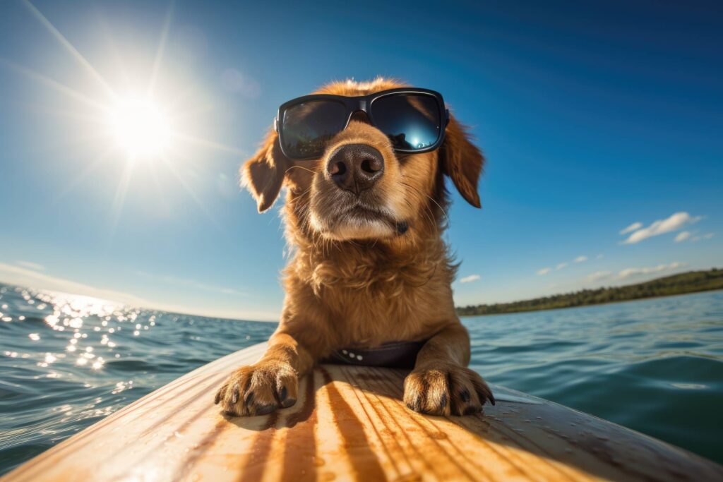 Dog with Sunglasses on a Paddleboard Stock Free