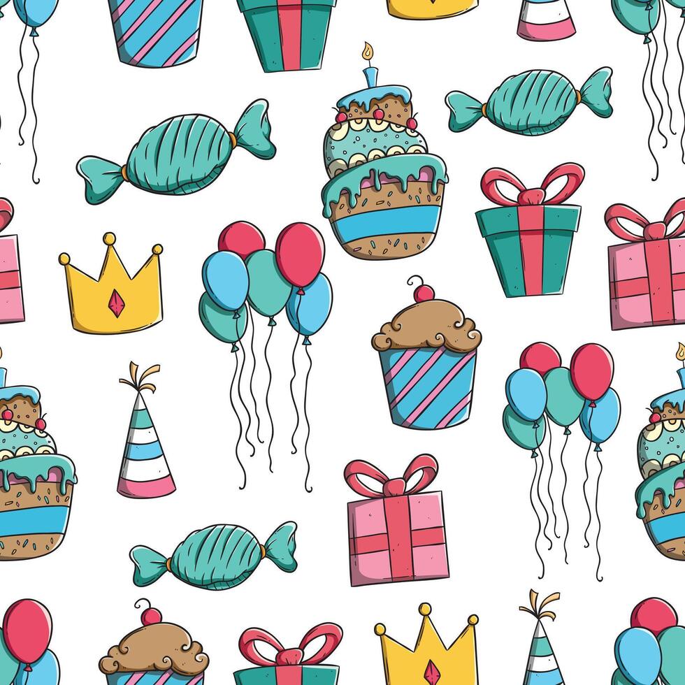 doodle birthday icons or elements in seamless pattern Stock Free