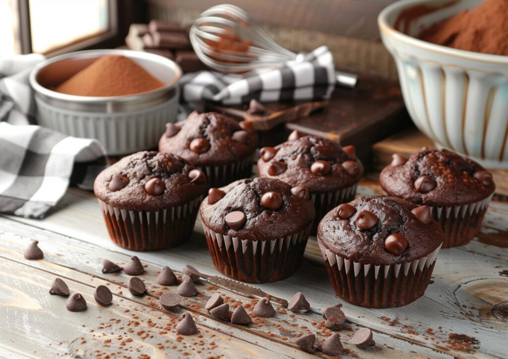 Double chocolate chip muffins on a wood table generated by AI. Free Photo