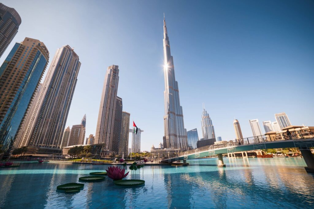 Dubai Burj Khalifa with Flower Decorations in Fountain Free Photo