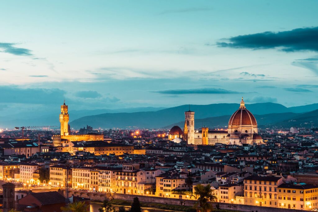 Duomo S. Maria del Fiore and Palazzo Vecchio in the Evening (Florence, Italy) Free Photo