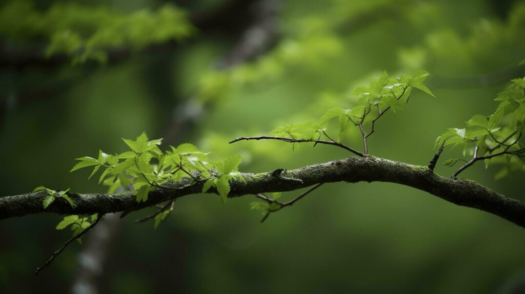 Earth Day and World Environment Day, Spring, Tropical tree leaves and branch with beautiful green forest background, generate ai Free Photo