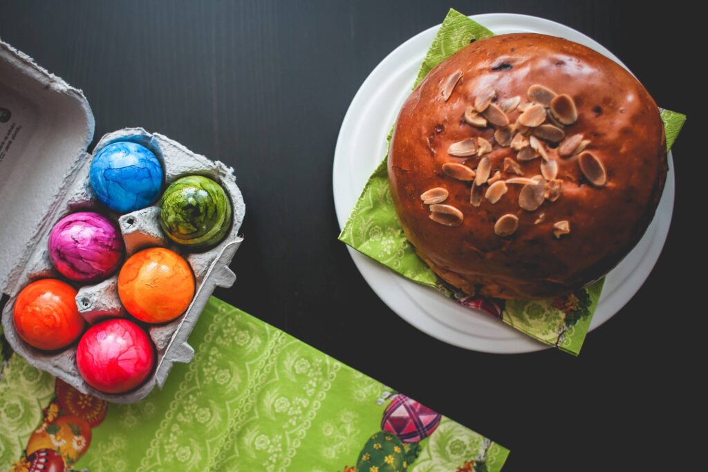 Easter Cake and Colorful Eggs: Happy Easter! Free Photo