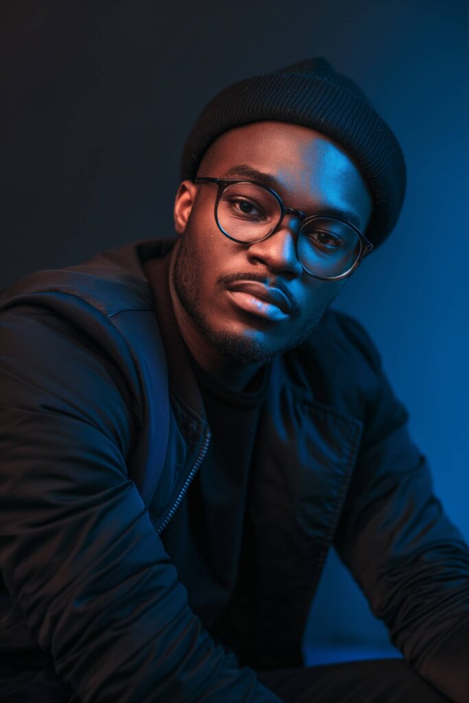 Editorial Studio Portrait of a Young Man in a Cap and Fashion Glasses Stock Free