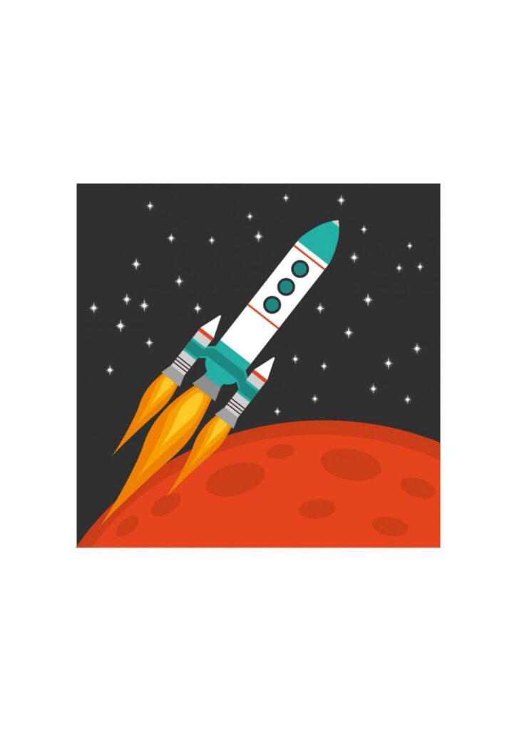 Rocket flying in space with red planet and stars on background