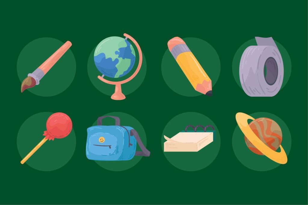 eight school supplies icons Stock Free