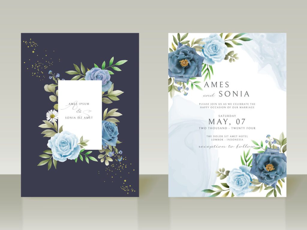 Elegant blue flowers wedding invitations Free Vector