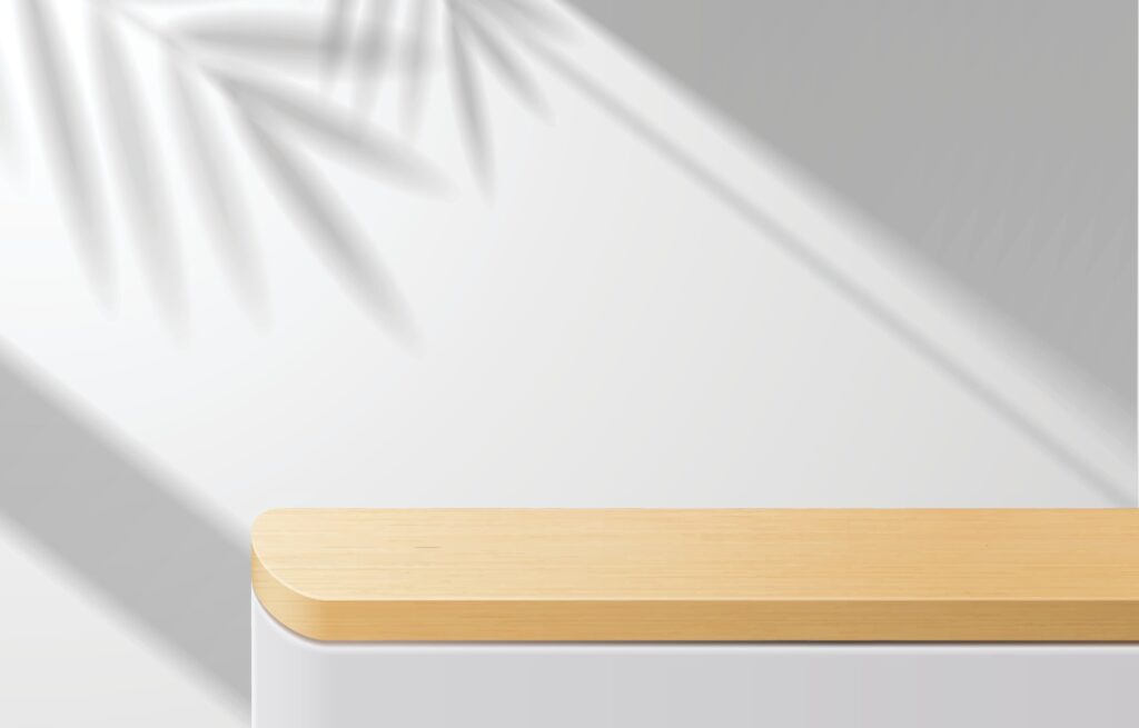 
									Empty minimal wooden top table, wood podium in white background with shadow leaves. for product presentation, mock up, show cosmetic product display, Podium, stage pedestal or platform. 3d vector Free Vector
