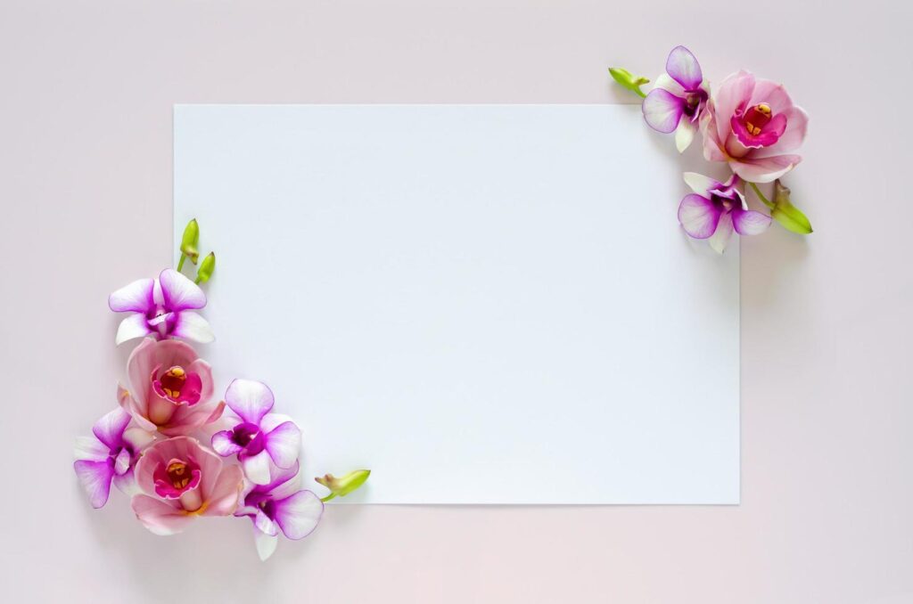 Empty white paper for text with orchids flower of two coner on pastel pink background. Free Photo