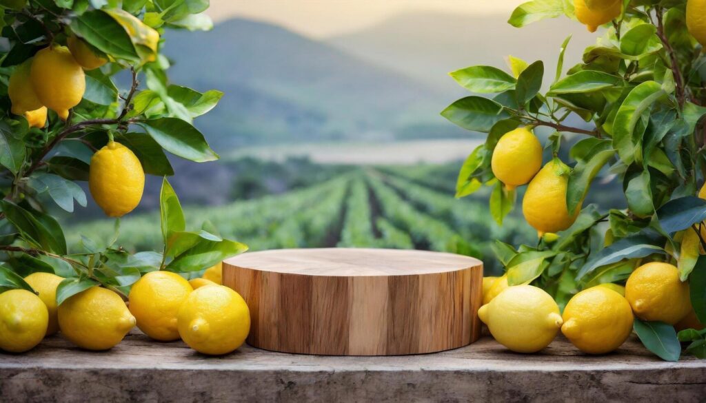 empty wood podium surrounded by lemon fruit and plant with lemon farm background Stock Free