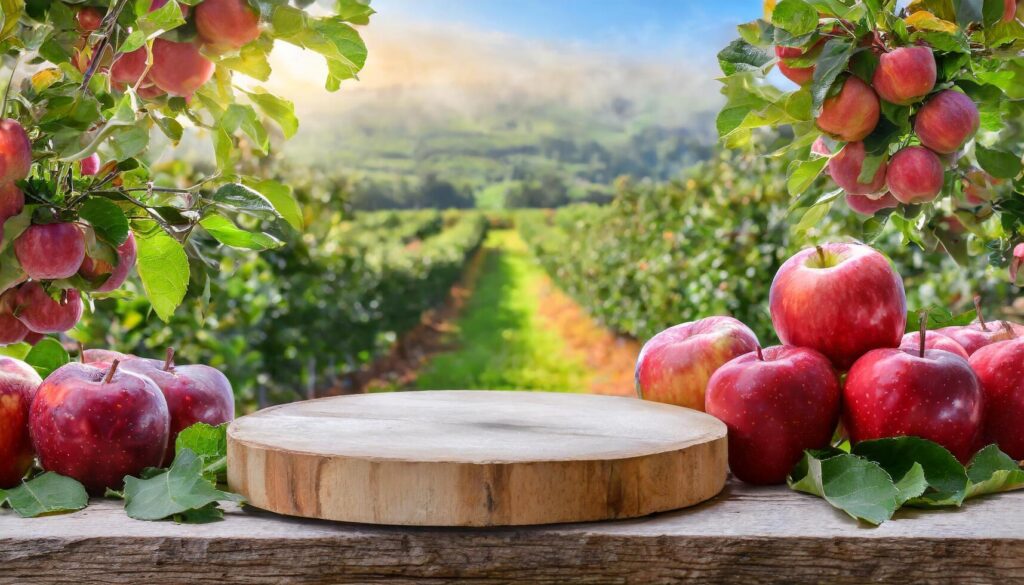 empty wood podium surrounded by red apple fruit and plant with apple farm background Stock Free