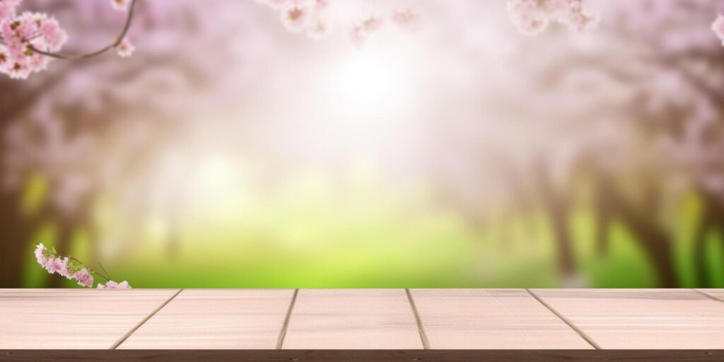 Empty wooden table with spring blur background Stock Free