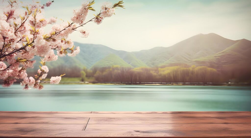 empty wooden table with spring cherry blossom decoration. Blurred bokeh mountain and lake view background. copy space. For product display. templates, media, printing, etc., generate ai Stock Free