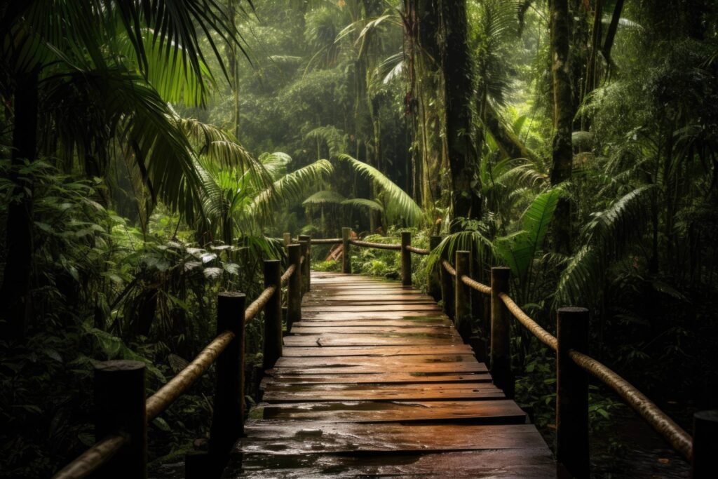 Explore Tropical Forest by Wooden Path Stock Free