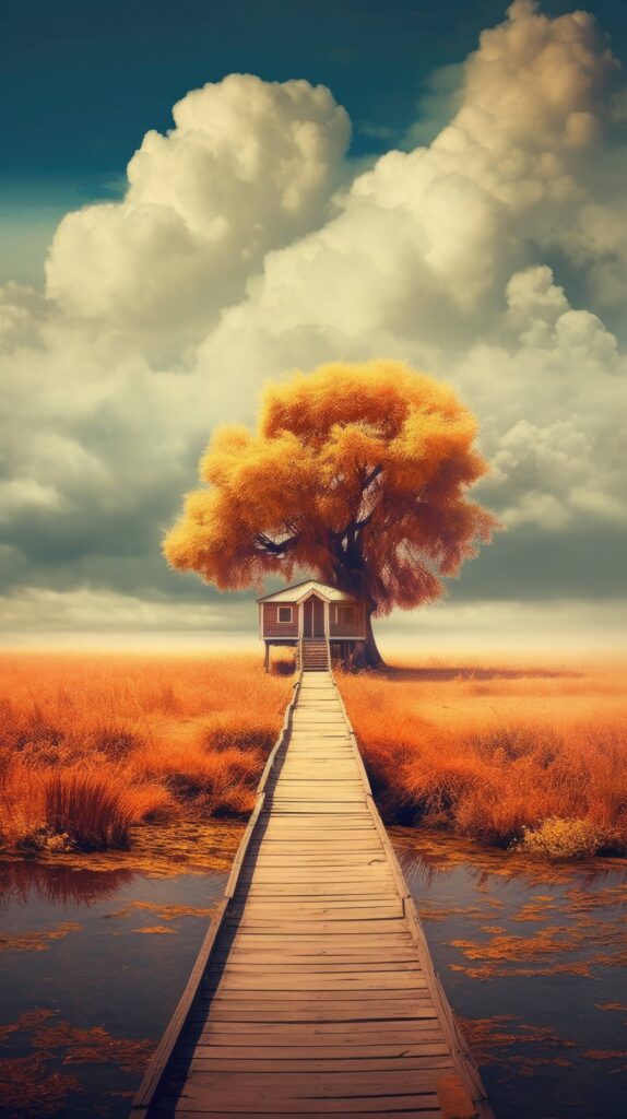 Fantasy Fall Nature Scenery with Small House and a Tree Stock Free