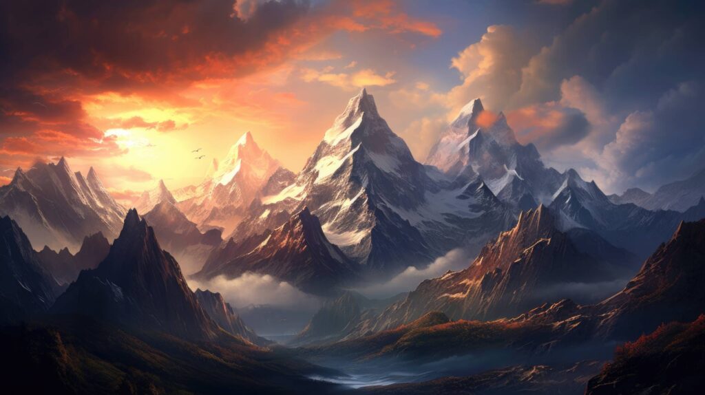 Fantasy Mountain Scenery with Clouds and Sun Stock Free