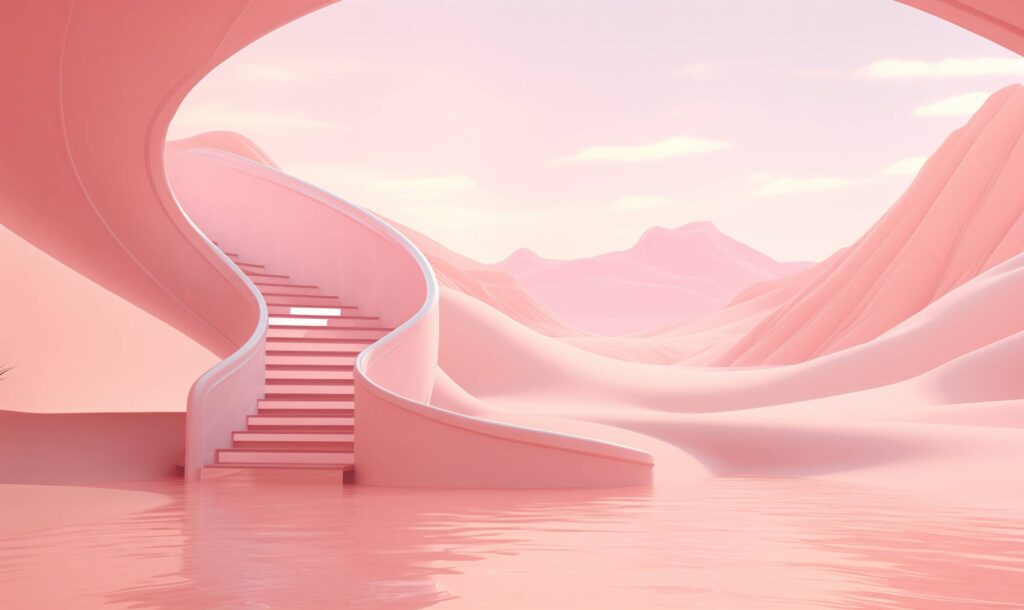 Fantasy Surreal Scenery of Stairs in Flooded Pink Desert Dunes Stock Free