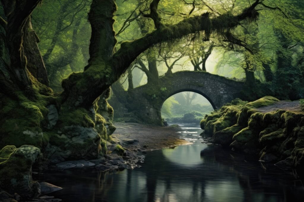 Fascinating Forest Scenery with an Old Bridge Stock Free