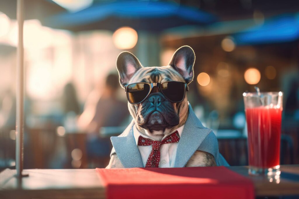 Fashionista French Bulldog with Sunglasses Sitting in Street Café Stock Free