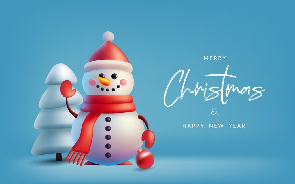 Festive 3D vector illustration of a cute snowman and pine tree cover in snow for Christmas banner. Winter Holiday design with realistic elements. Not . Free Vector